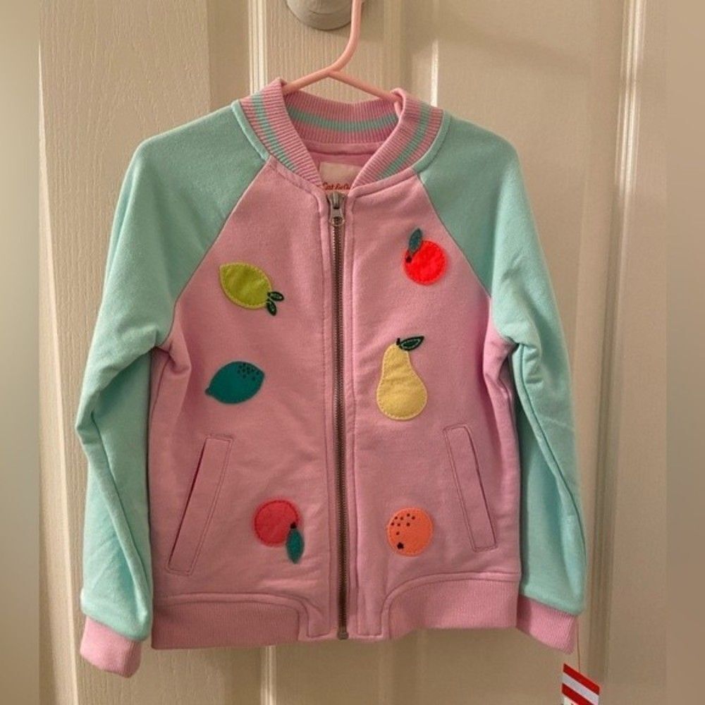 Cat & Jack Girls Pastel Felt Fruit Patches Varsity Style Jacket Size XS 4-5 NWT
